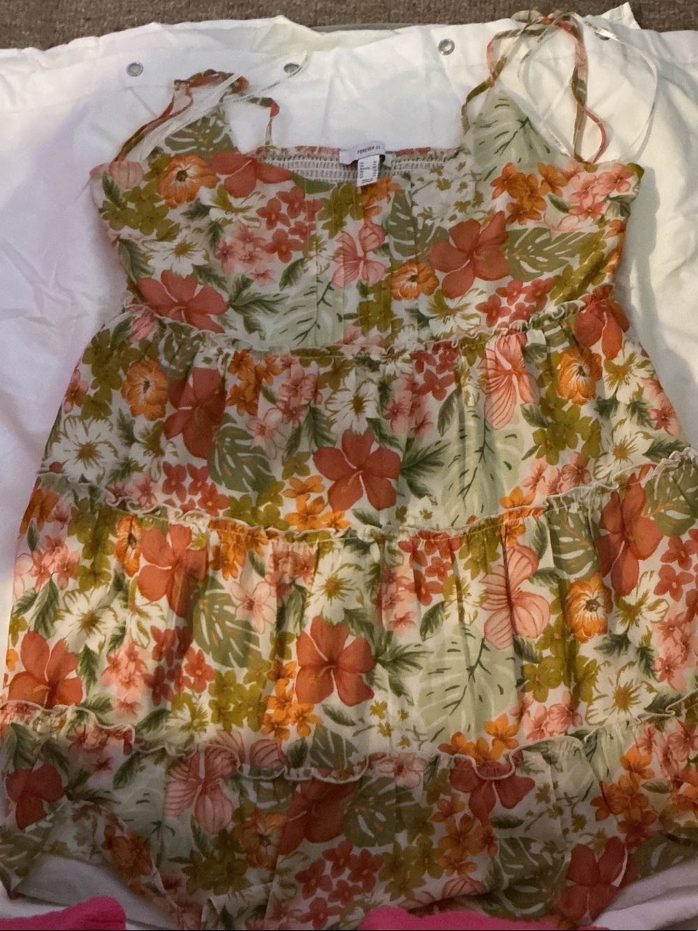 Forever 21 Coral & Olive Floral Tiered Midi Dress